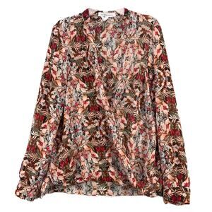 BCBGeneration Womens Floral Blouse Small Sheer Flowy Pleated Long Sleeve V Neck